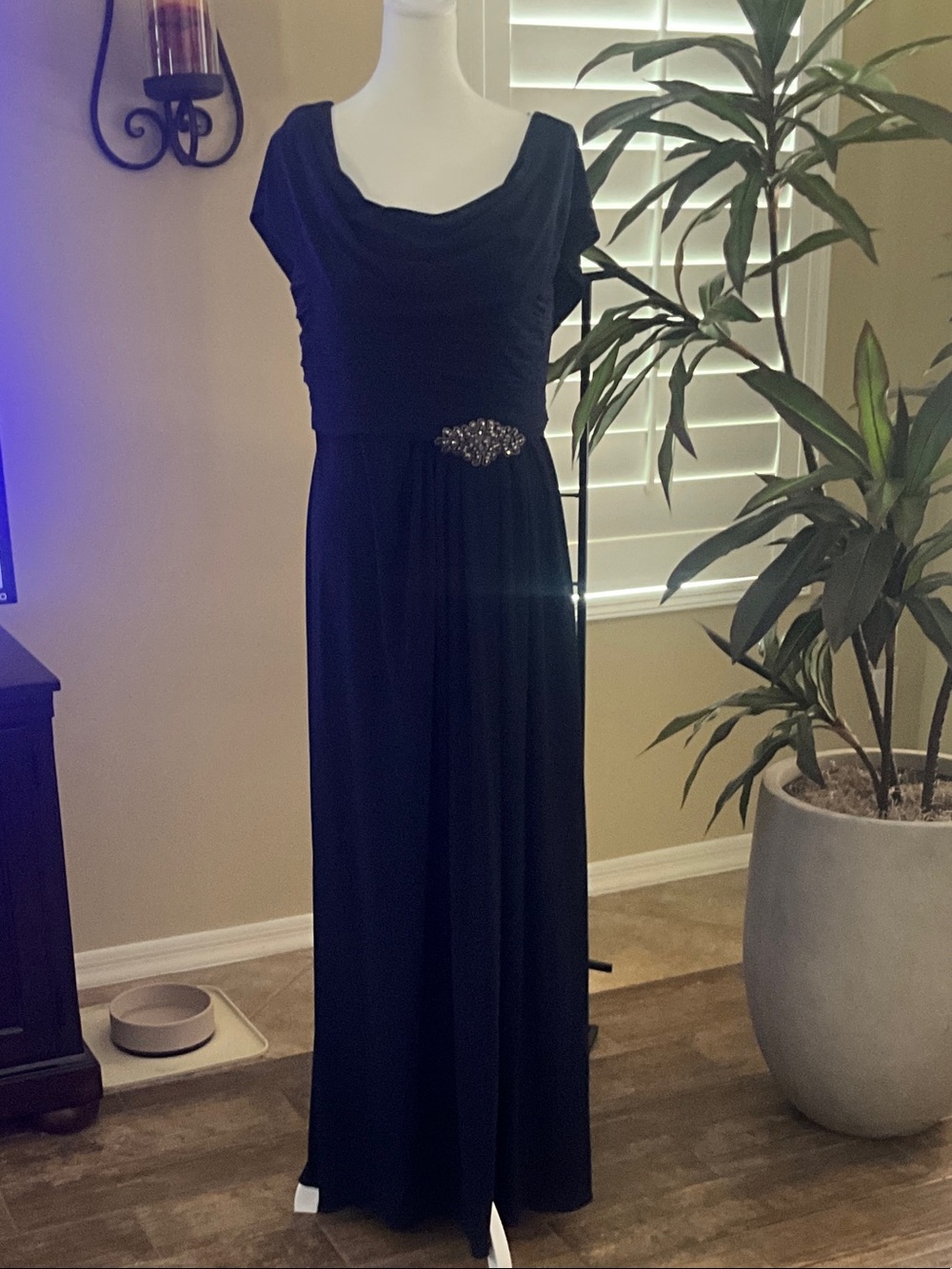 Alex Evenings Navy Maxi Gown with Beaded Waist Accent